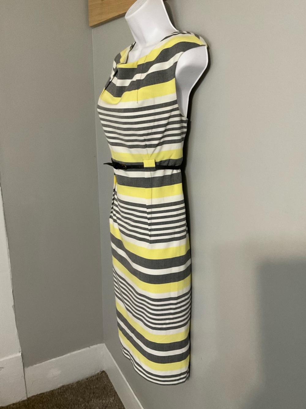 Calvin Klein Yellow, Gray and White Striped Sheath Dress with Belt Size 12 - Picture 2 of 8